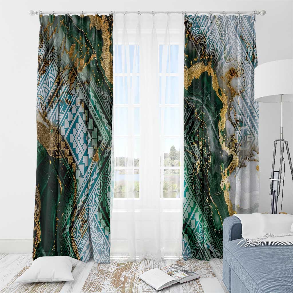 Polynesian Tribal Tattoo Window Curtain Green Marble Pattern