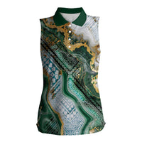 Polynesian Tribal Tattoo Women Sleeveless Polo Shirt Green Marble Pattern