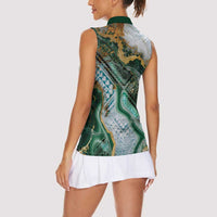 Polynesian Tribal Tattoo Women Sleeveless Polo Shirt Green Marble Pattern