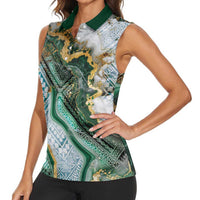 Polynesian Tribal Tattoo Women Sleeveless Polo Shirt Green Marble Pattern