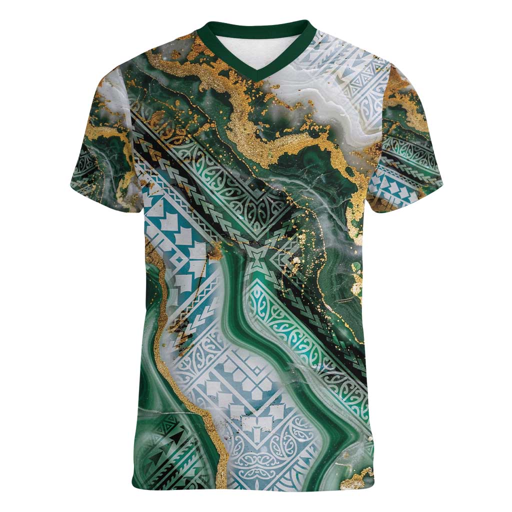 Polynesian Tribal Tattoo Women V-Neck T-Shirt Green Marble Pattern