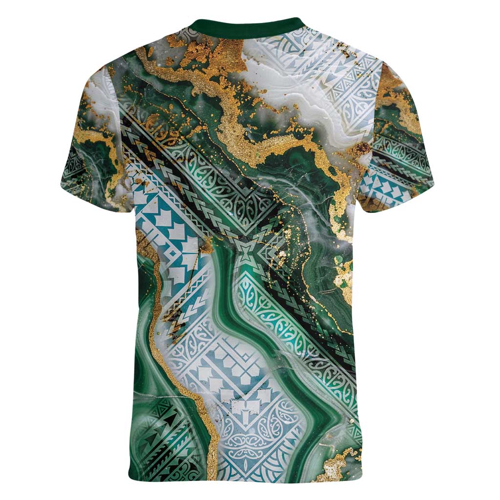 Polynesian Tribal Tattoo Women V-Neck T-Shirt Green Marble Pattern