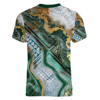 Polynesian Tribal Tattoo Women V-Neck T-Shirt Green Marble Pattern