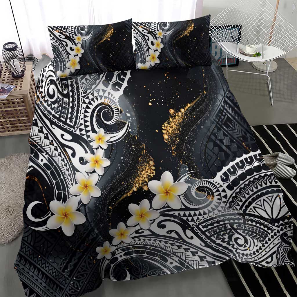 Polynesian Tribal Tattoo Bedding Set Plumeria Black Gold Marble Pattern