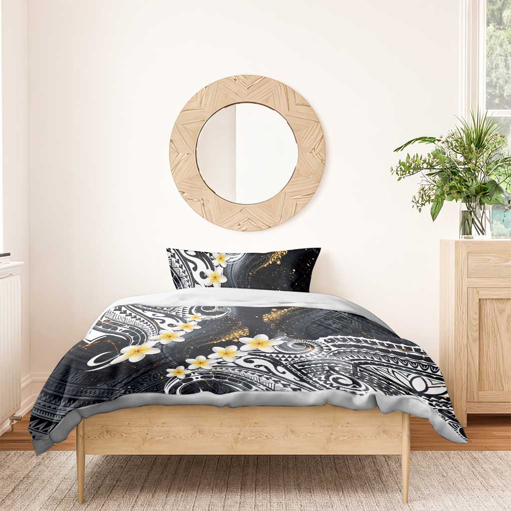 Polynesian Tribal Tattoo Bedding Set Plumeria Black Gold Marble Pattern