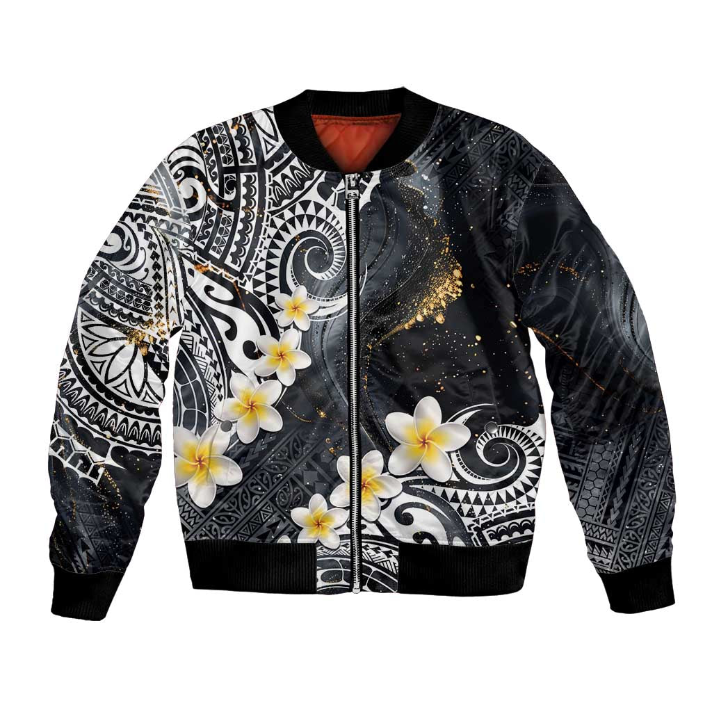 Polynesian Tribal Tattoo Bomber Jacket Plumeria Black Gold Marble Pattern LT9 Unisex Black - Polynesian Pride