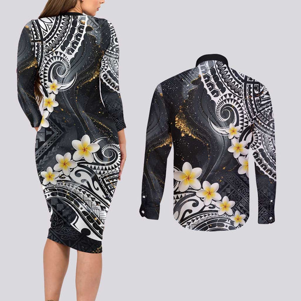 Personalized Cook Islands Couples Matching Long Sleeve Bodycon Dress and Long Sleeve Button Shirts Coat Of Arms Plumeria Polynesian Turtle LT05 main image 0