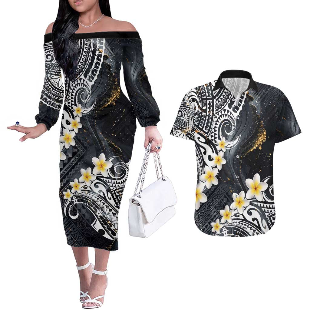 Polynesian Tribal Tattoo Couples Matching Off The Shoulder Long Sleeve Dress and Hawaiian Shirt Plumeria Black Gold Marble Pattern