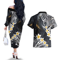 Polynesian Tribal Tattoo Couples Matching Off The Shoulder Long Sleeve Dress and Hawaiian Shirt Plumeria Black Gold Marble Pattern