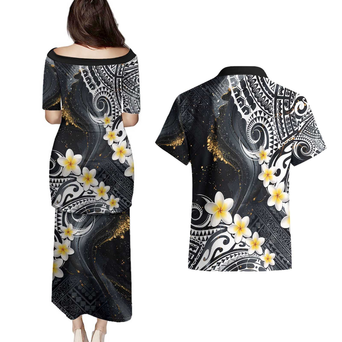 Polynesian Tribal Tattoo Couples Matching Puletasi and Hawaiian Shirt Plumeria Black Gold Marble Pattern