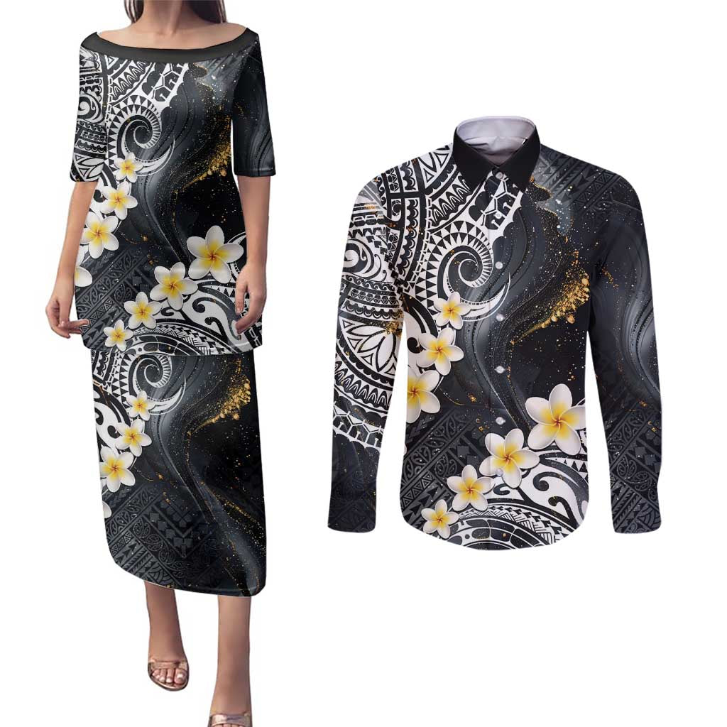 Polynesian Tribal Tattoo Couples Matching Puletasi and Long Sleeve Button Shirt Plumeria Black Gold Marble Pattern