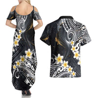 Polynesian Tribal Tattoo Couples Matching Summer Maxi Dress and Hawaiian Shirt Plumeria Black Gold Marble Pattern