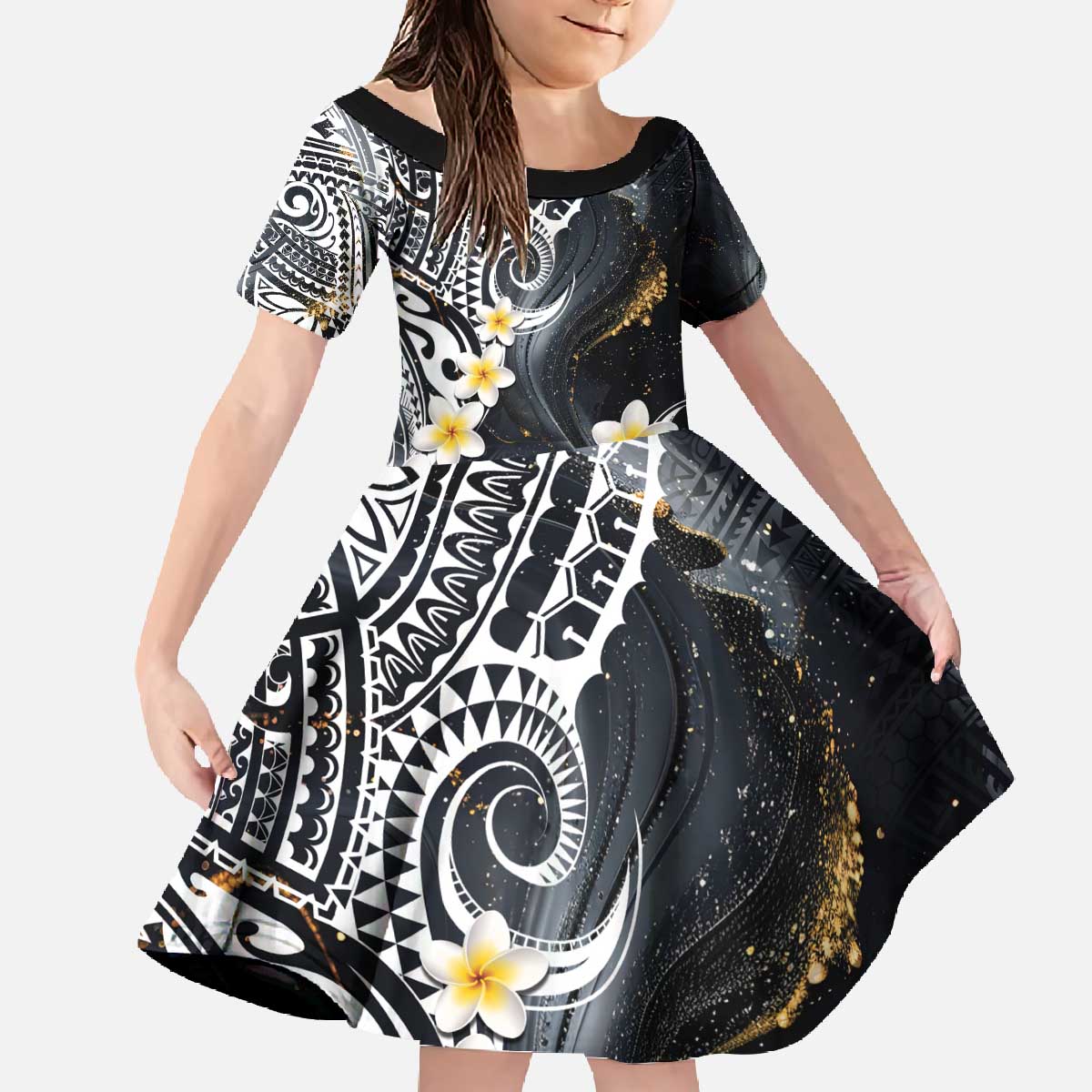 Polynesian Tribal Tattoo Family Matching Off The Shoulder Long Sleeve Dress and Hawaiian Shirt Plumeria Black Gold Marble Pattern