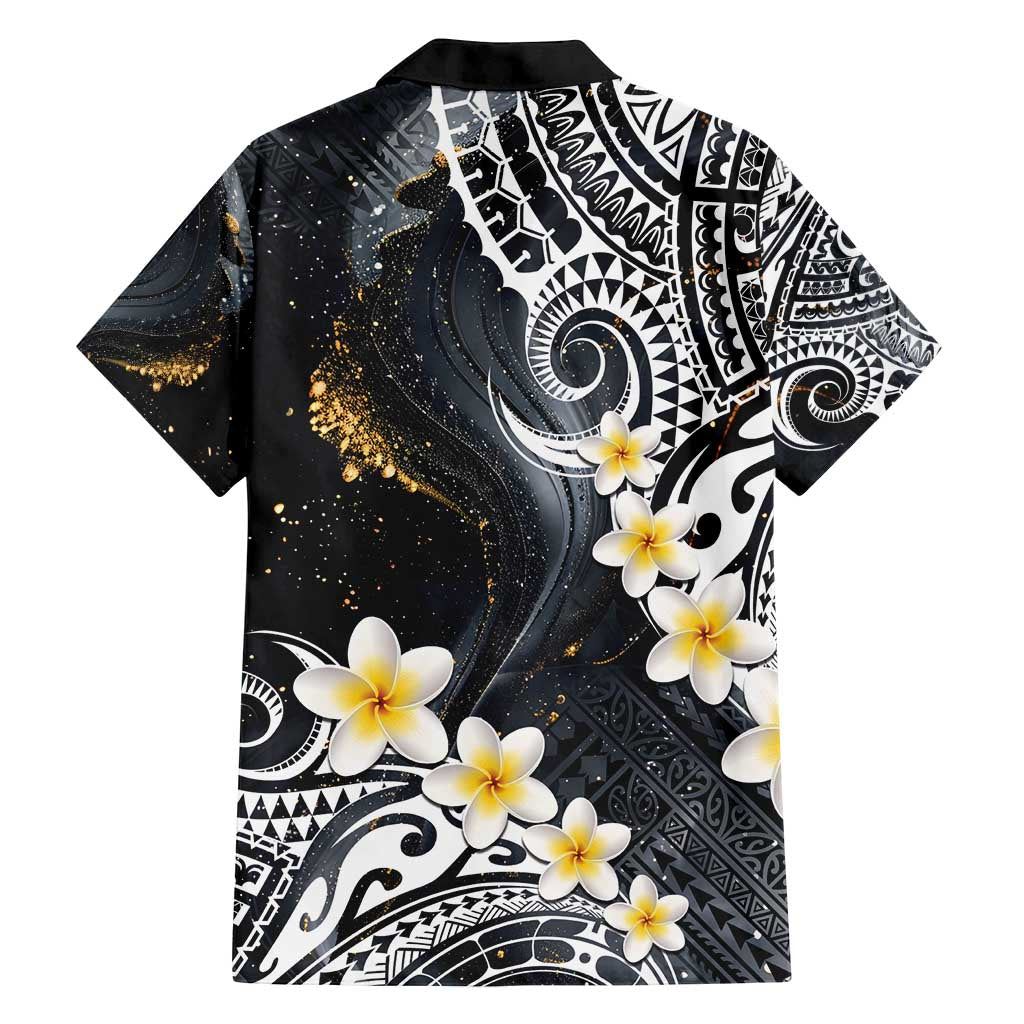 Polynesian Tribal Tattoo Family Matching Off Shoulder Maxi Dress and Hawaiian Shirt Plumeria Black Gold Marble Pattern