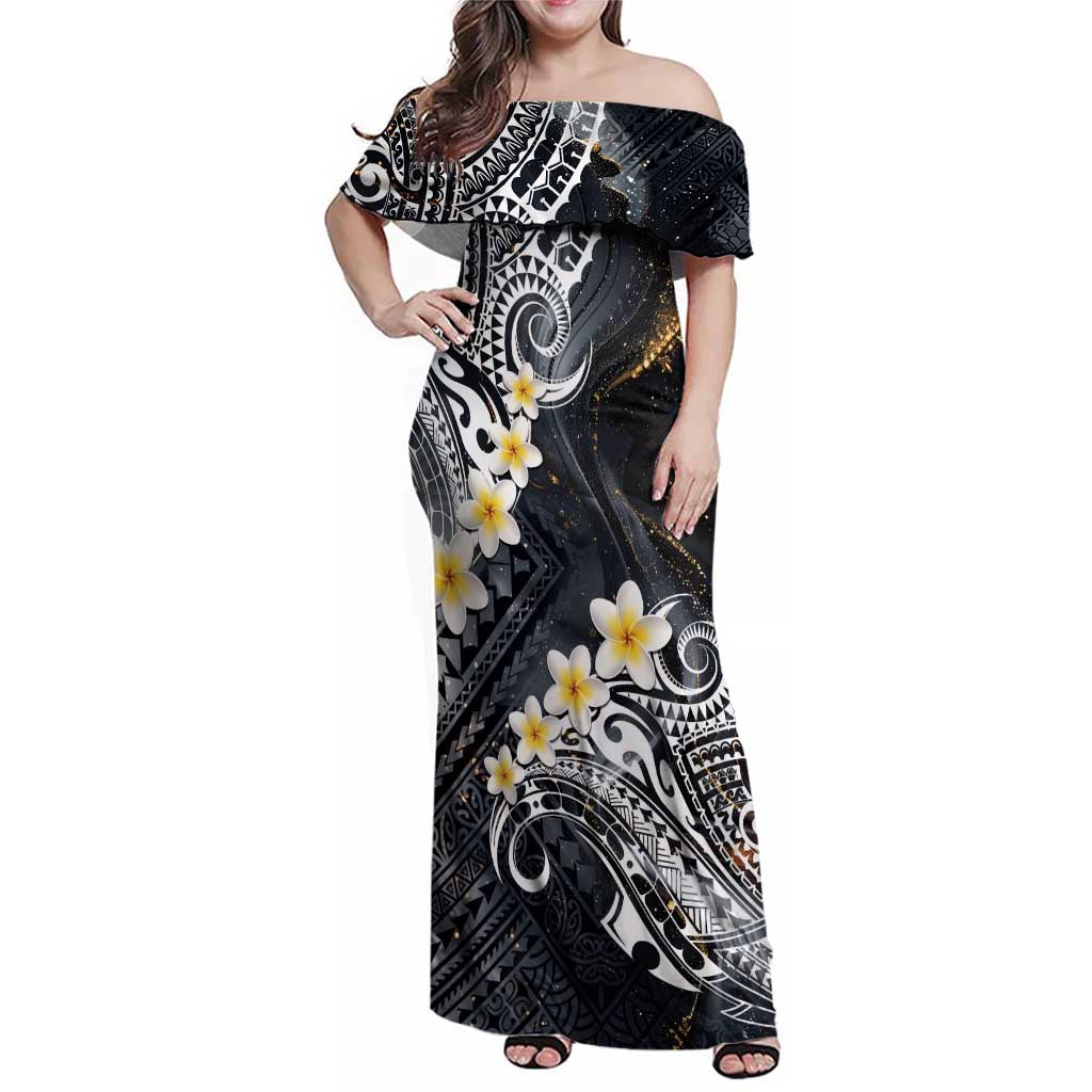 Polynesian Tribal Tattoo Family Matching Off Shoulder Maxi Dress and Hawaiian Shirt Plumeria Black Gold Marble Pattern