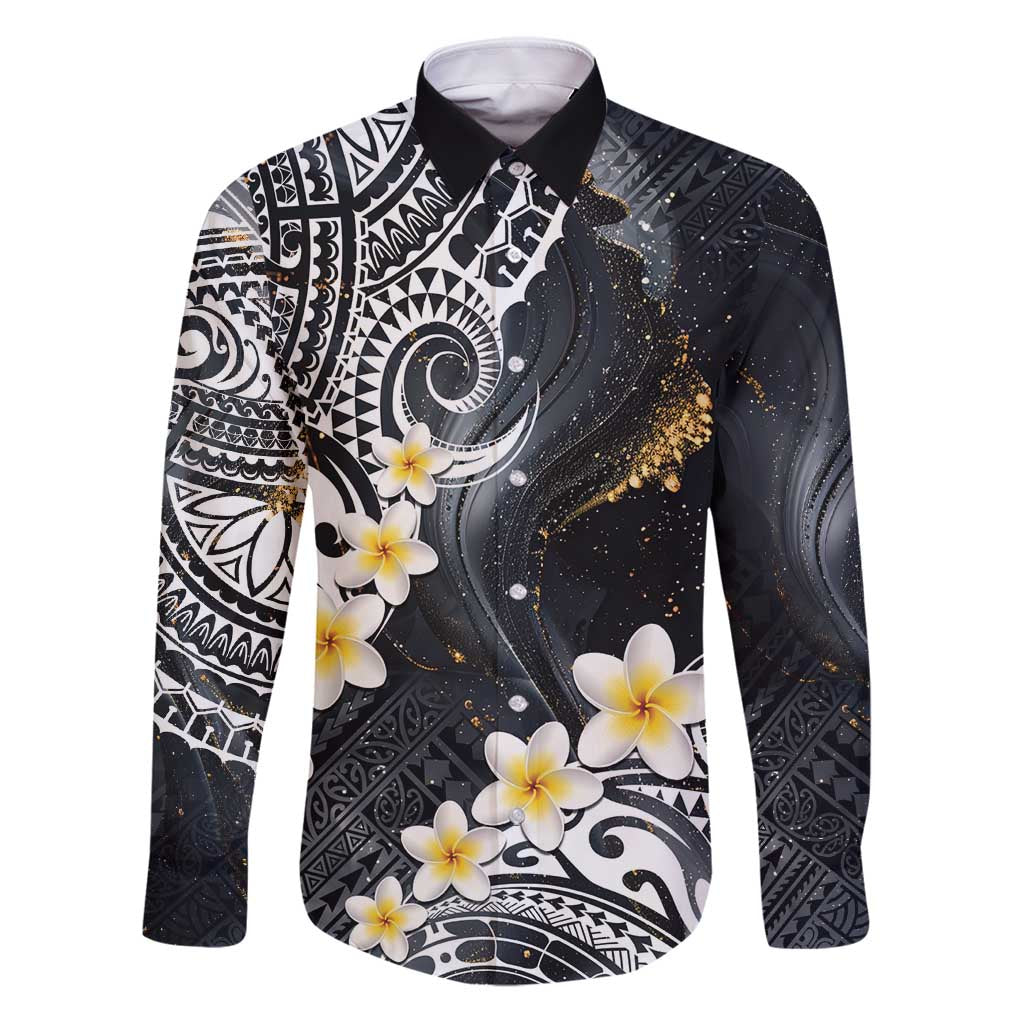 Polynesian Tribal Tattoo Family Matching Puletasi and Hawaiian Shirt Plumeria Black Gold Marble Pattern