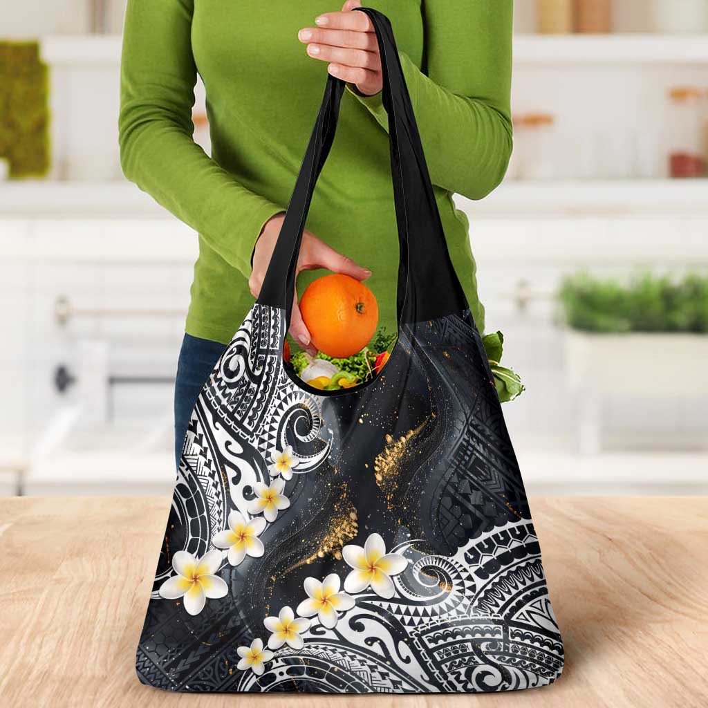 Polynesian Tribal Tattoo Grocery Bag Plumeria Black Gold Marble Pattern