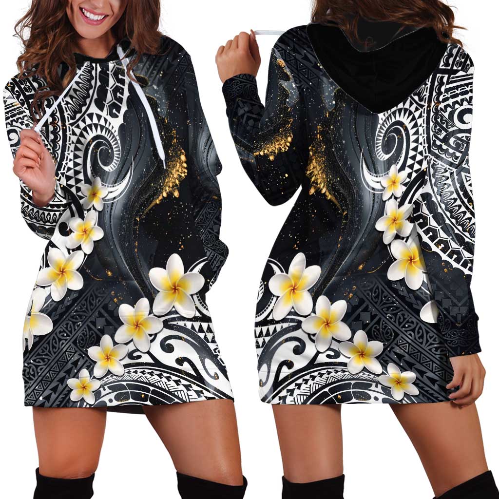 Polynesian Tribal Tattoo Hoodie Dress Plumeria Black Gold Marble Pattern