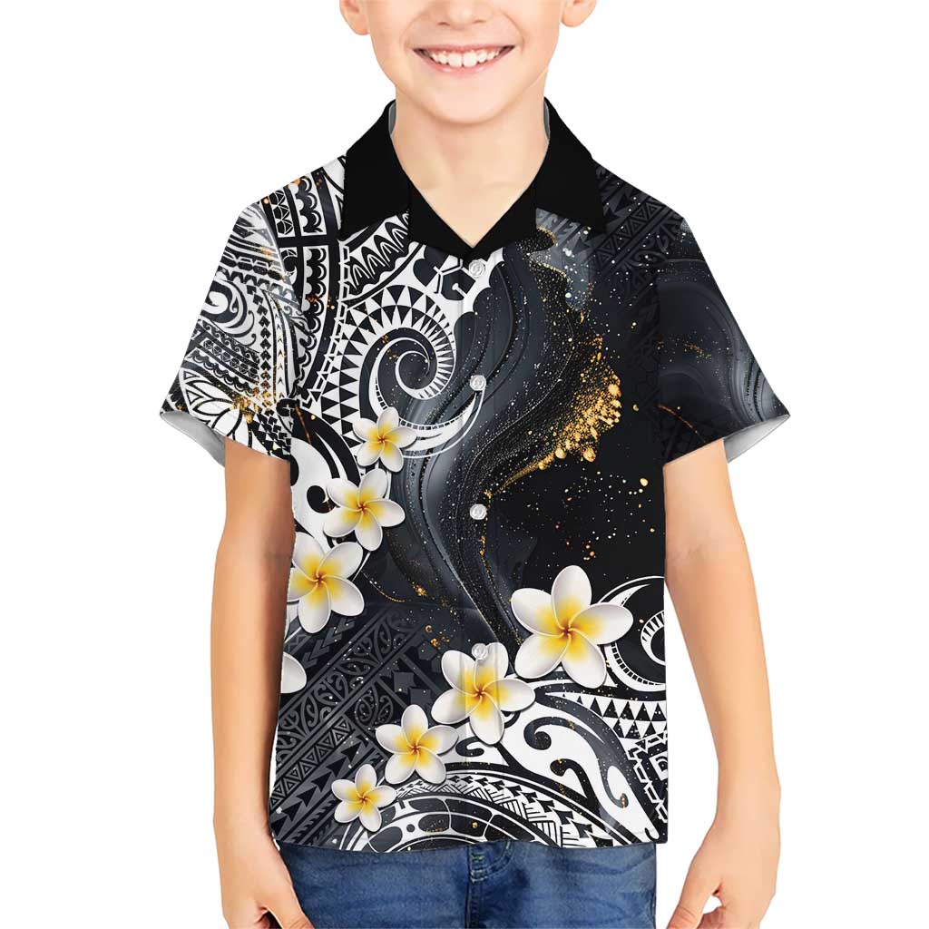 Polynesian Tribal Tattoo Kid Hawaiian Shirt Plumeria Black Gold Marble Pattern LT9 Kid Black - Polynesian Pride