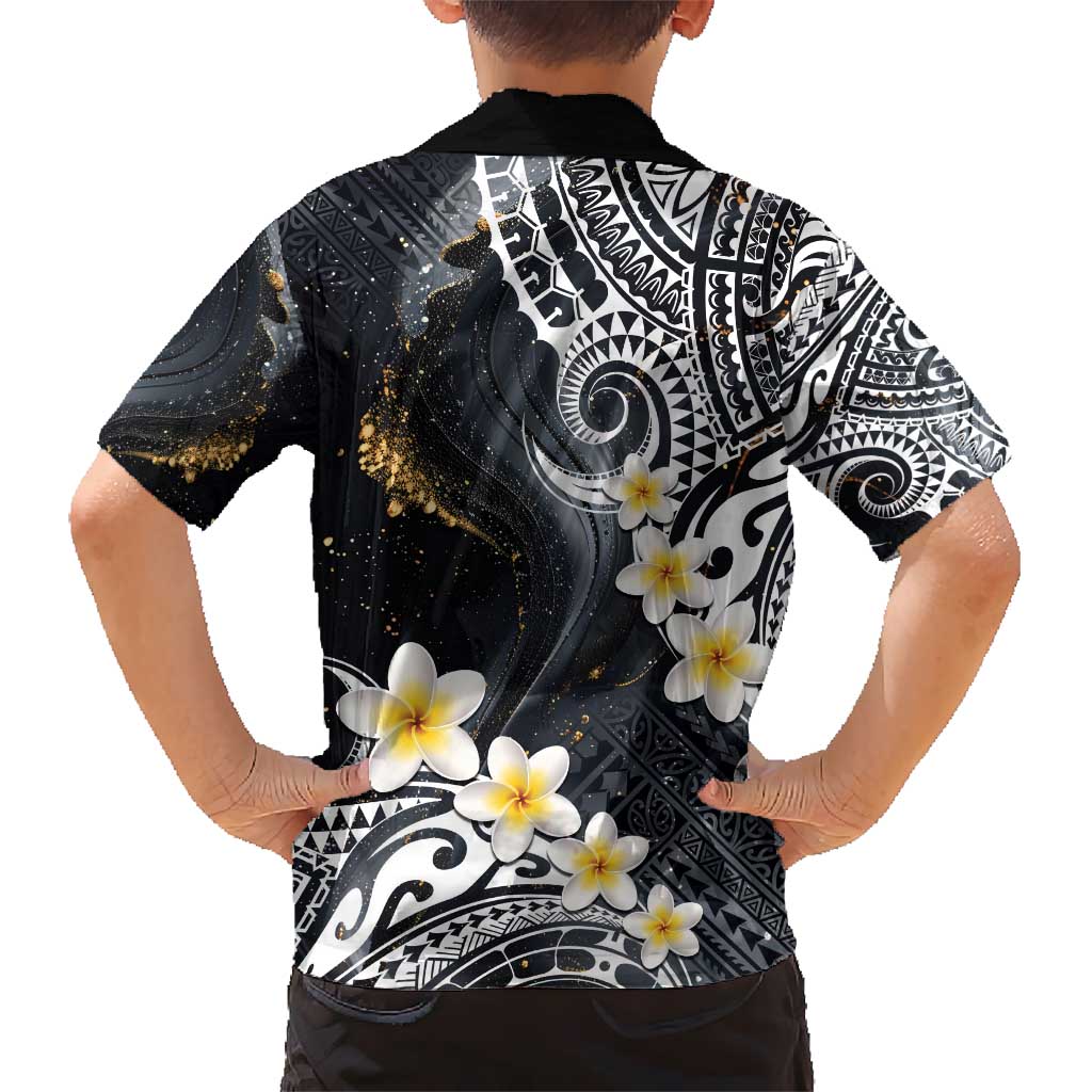 Polynesian Tribal Tattoo Kid Hawaiian Shirt Plumeria Black Gold Marble Pattern