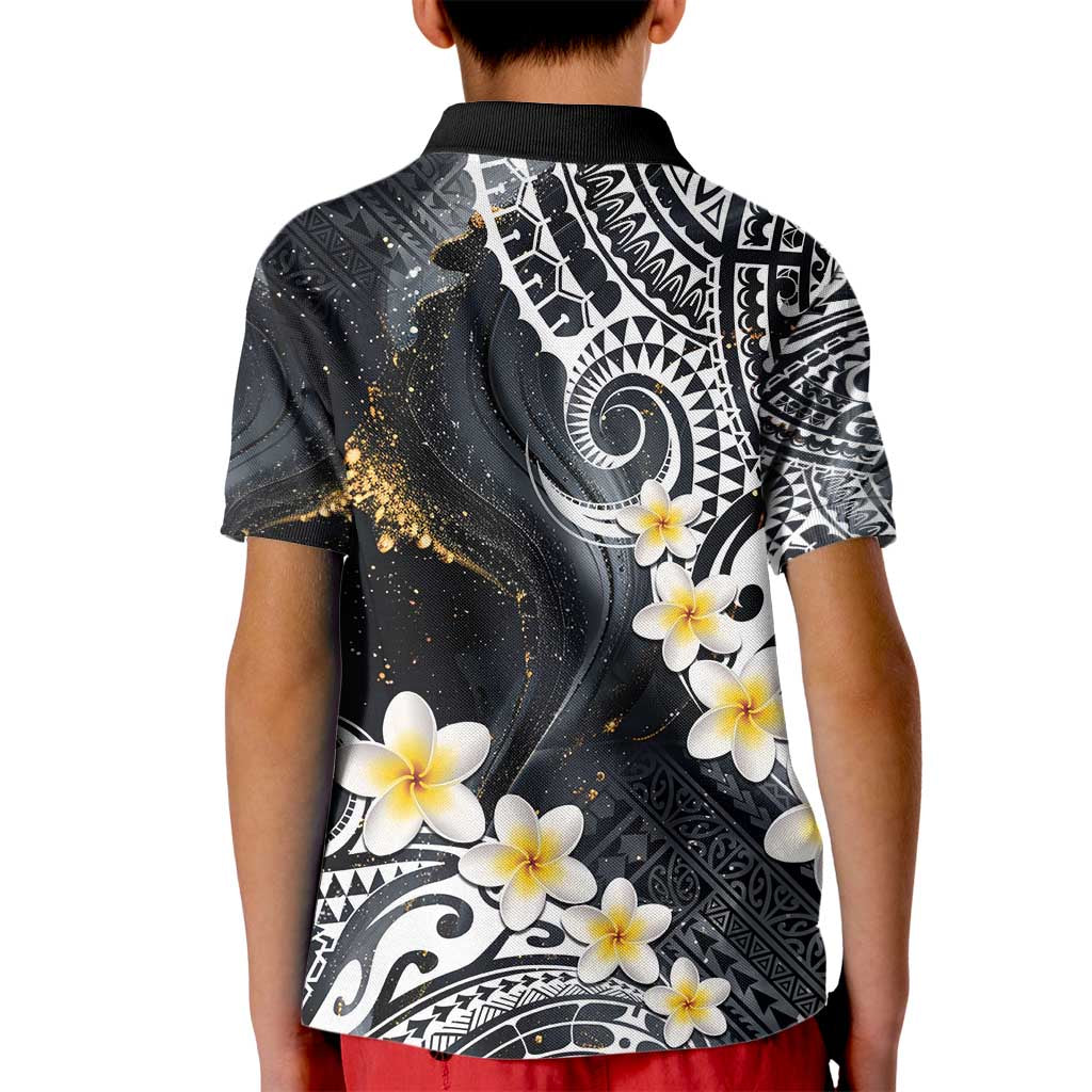 Polynesian Tribal Tattoo Kid Polo Shirt Plumeria Black Gold Marble Pattern