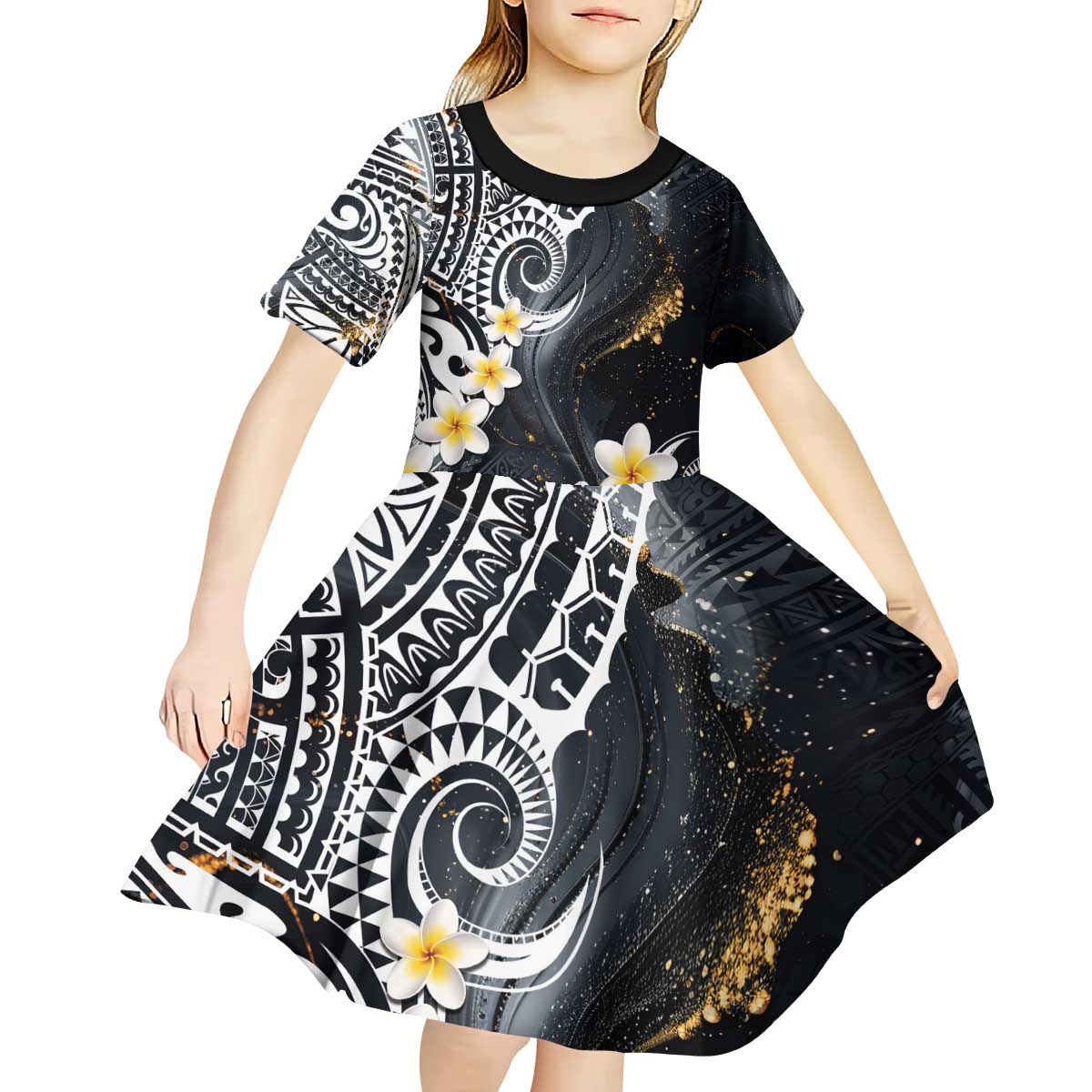 Polynesian Tribal Tattoo Kid Short Sleeve Dress Plumeria Black Gold Marble Pattern