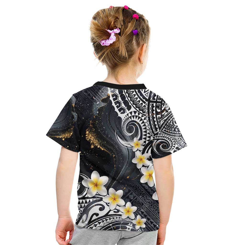 Polynesian Tribal Tattoo Kid T Shirt Plumeria Black Gold Marble Pattern