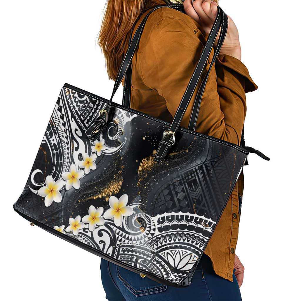 Polynesian Tribal Tattoo Leather Tote Bag Plumeria Black Gold Marble Pattern