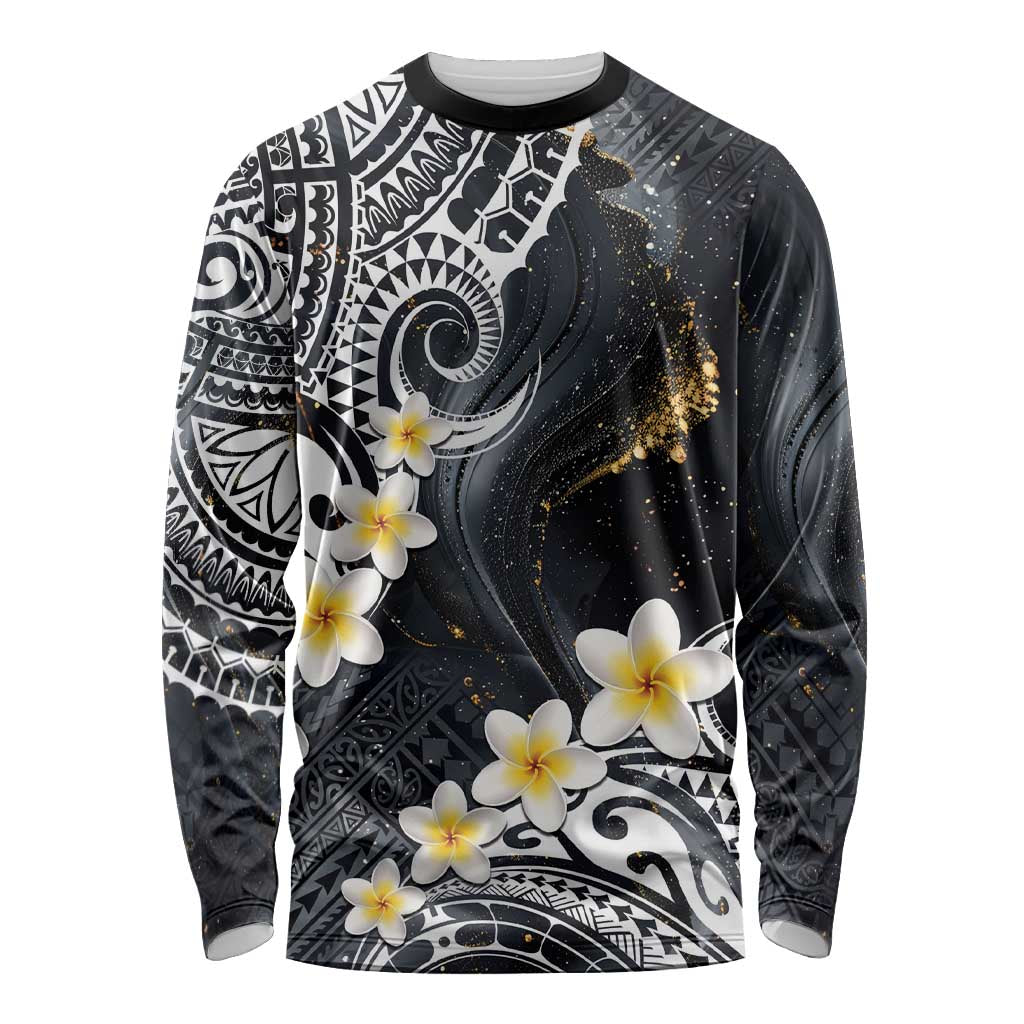 Polynesian Tribal Tattoo Long Sleeve Shirt Plumeria Black Gold Marble Pattern LT9 Unisex Black - Polynesian Pride