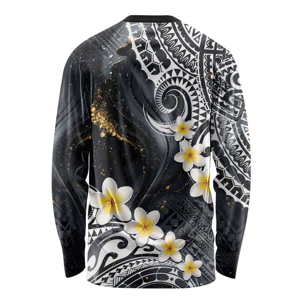 Polynesian Tribal Tattoo Long Sleeve Shirt Plumeria Black Gold Marble Pattern LT9 - Polynesian Pride
