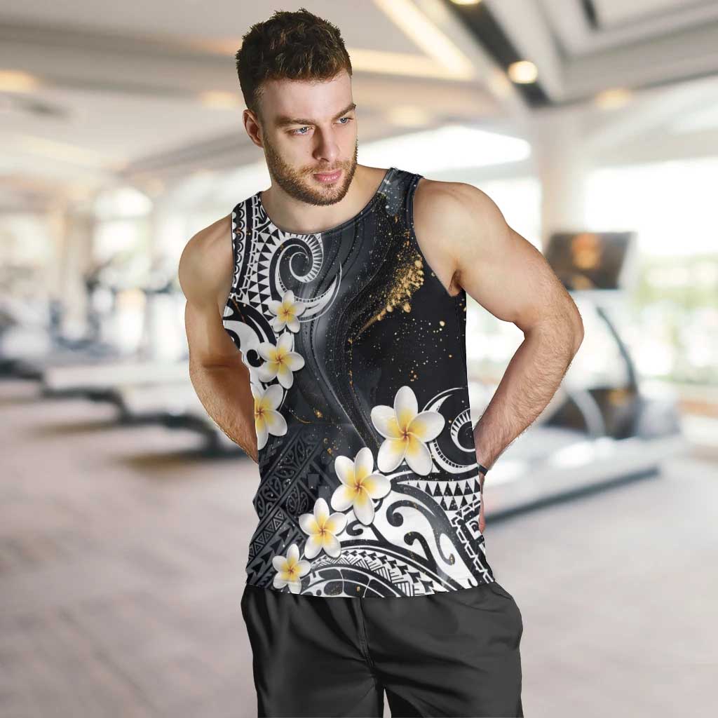 Polynesian Tribal Tattoo Men Tank Top Plumeria Black Gold Marble Pattern