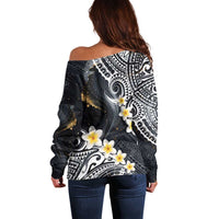 Polynesian Tribal Tattoo Off Shoulder Sweater Plumeria Black Gold Marble Pattern