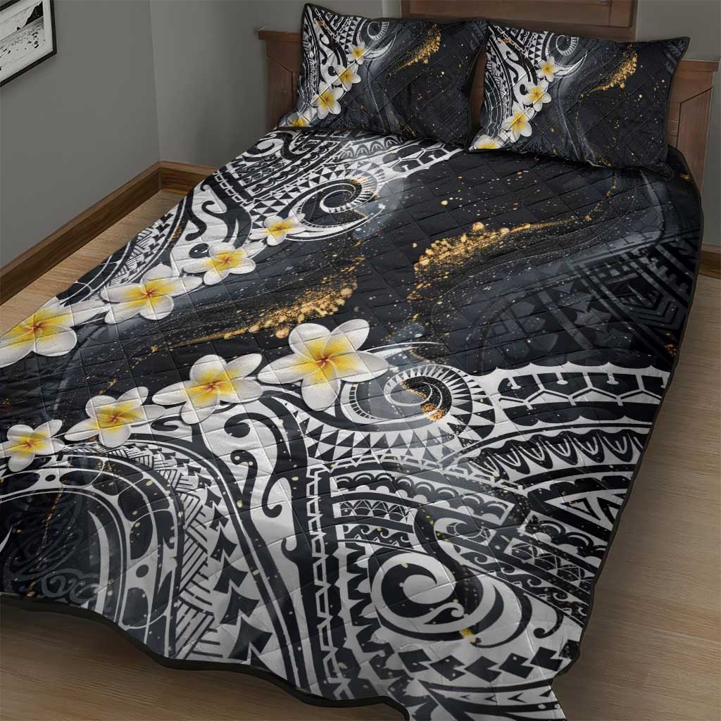 Polynesian Tribal Tattoo Quilt Bed Set Plumeria Black Gold Marble Pattern