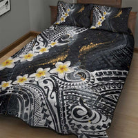 Polynesian Tribal Tattoo Quilt Bed Set Plumeria Black Gold Marble Pattern