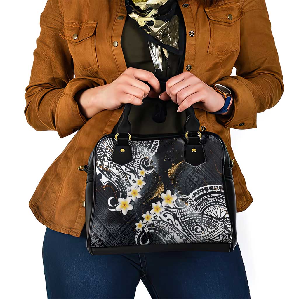 Polynesian Tribal Tattoo Shoulder Handbag Plumeria Black Gold Marble Pattern