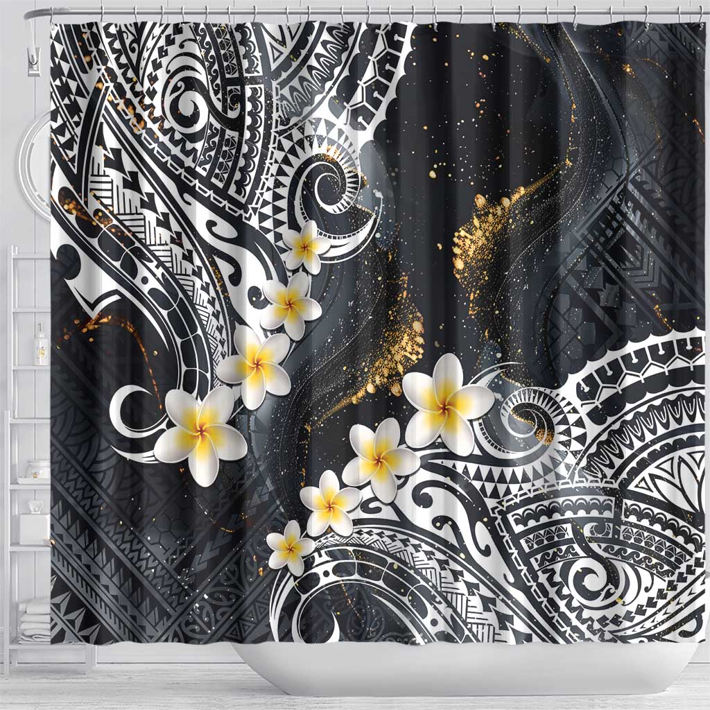 Polynesian Tribal Tattoo Shower Curtain Plumeria Black Gold Marble Pattern