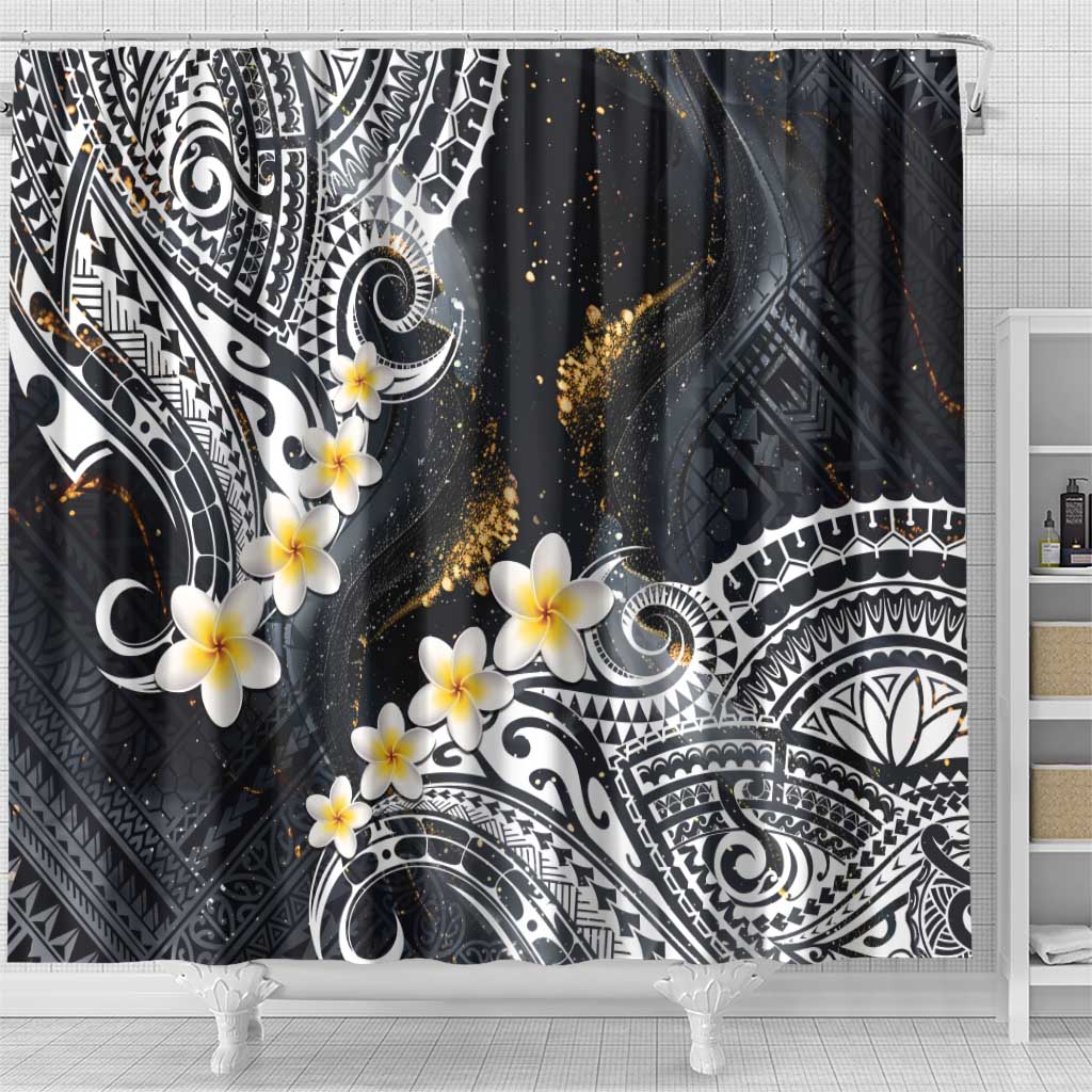 Polynesian Tribal Tattoo Shower Curtain Plumeria Black Gold Marble Pattern