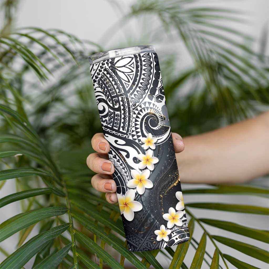 Polynesian Tribal Tattoo Skinny Tumbler Plumeria Black Gold Marble Pattern