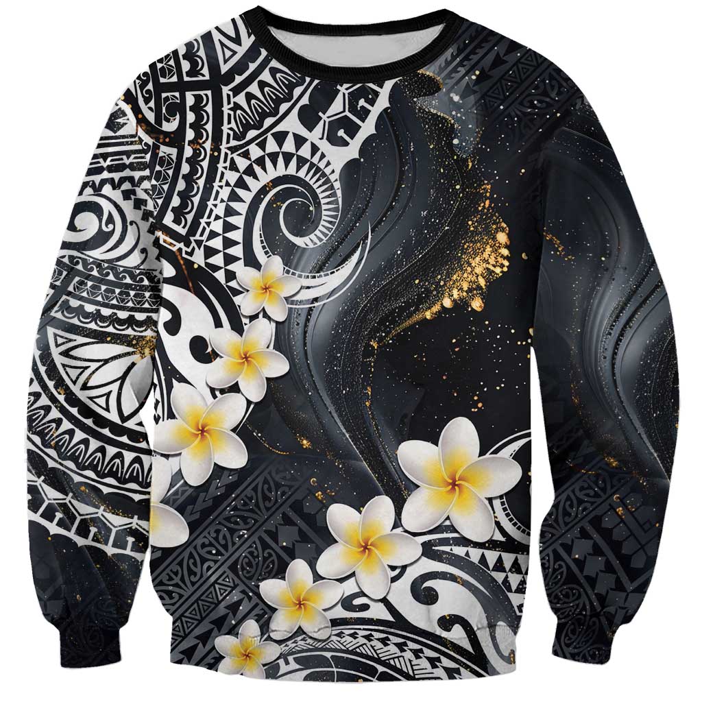Polynesian Tribal Tattoo Sweatshirt Plumeria Black Gold Marble Pattern