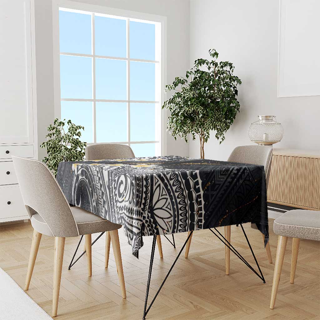 Polynesian Tribal Tattoo Tablecloth Plumeria Black Gold Marble Pattern