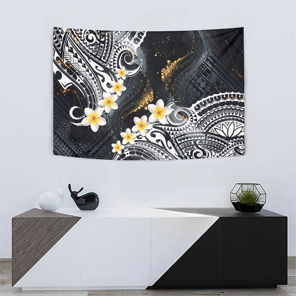 Polynesian Tribal Tattoo Tapestry Plumeria Black Gold Marble Pattern