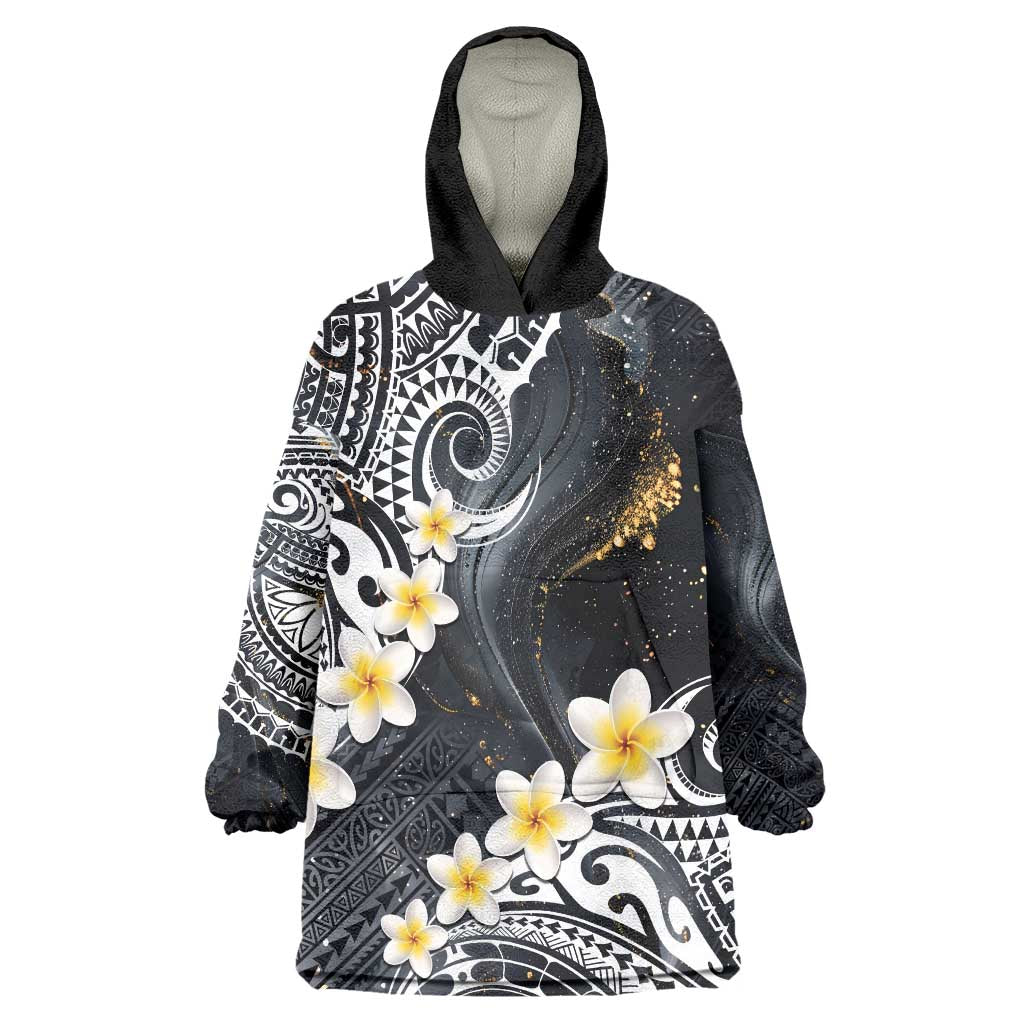 Polynesian Tribal Tattoo Wearable Blanket Hoodie Plumeria Black Gold Marble Pattern