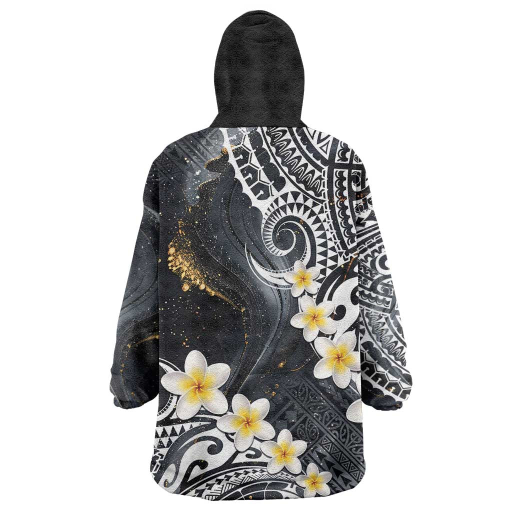 Polynesian Tribal Tattoo Wearable Blanket Hoodie Plumeria Black Gold Marble Pattern