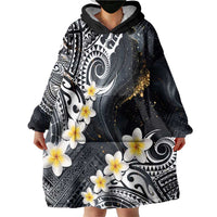Polynesian Tribal Tattoo Wearable Blanket Hoodie Plumeria Black Gold Marble Pattern
