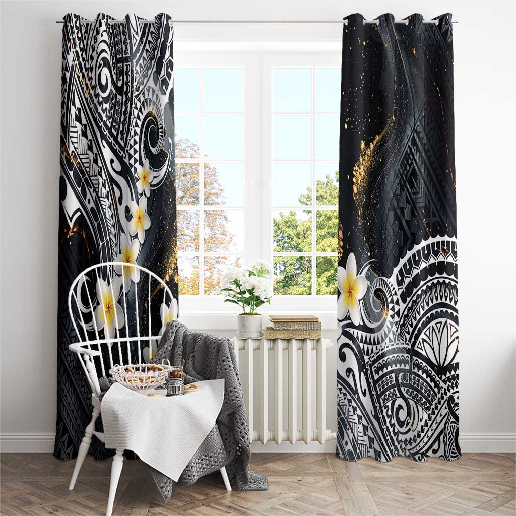 Polynesian Tribal Tattoo Window Curtain Plumeria Black Gold Marble Pattern