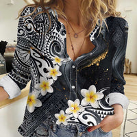 Polynesian Tribal Tattoo Women Casual Shirt Plumeria Black Gold Marble Pattern