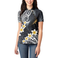 Polynesian Tribal Tattoo Women Polo Shirt Plumeria Black Gold Marble Pattern