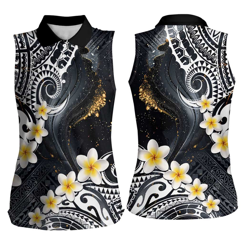 Polynesian Tribal Tattoo Women Sleeveless Polo Shirt Plumeria Black Gold Marble Pattern