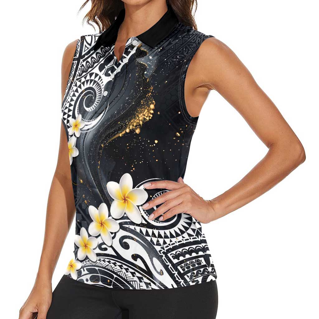 Polynesian Tribal Tattoo Women Sleeveless Polo Shirt Plumeria Black Gold Marble Pattern