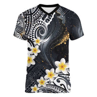Polynesian Tribal Tattoo Women V-Neck T-Shirt Plumeria Black Gold Marble Pattern